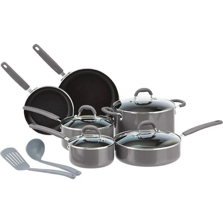 

Aluminum 12Piece Cookware Set in Gray for Home Kitchen Use Durable Pots Pans and Cooking Utensils with NonStick Surface HeatRes