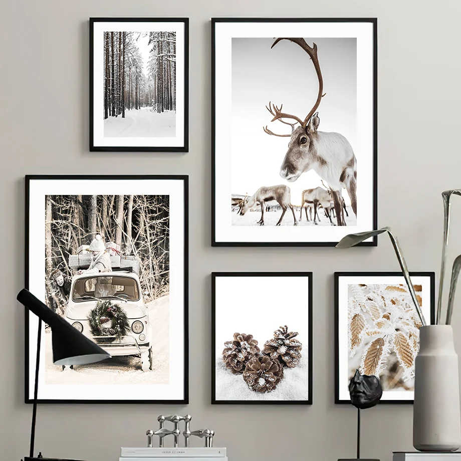 Christmas Gift Van Deer Pine Flower Snow Nordic Posters Minimalist Print Canvas Painting Wall Art for Living Room Home Decor