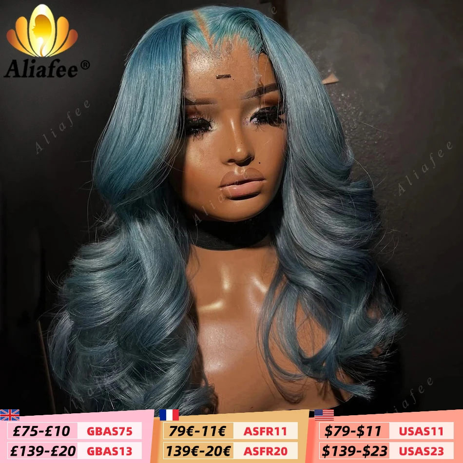 Haze Blue 200% Densità Parrucca Anteriore Del Merletto Dei Capelli Umani per Le Donne Nuovo Colore Pre Pizzicato Blu Parrucche Dell'onda Del Corpo 13x4 Parrucche Frontali Del Merletto