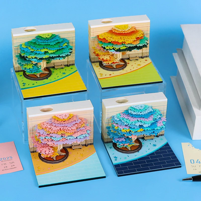 Tree Desk Calendar 2025 Calendar Memo Pad Creative Desk Calendar DIY Notes Notepad 3D Art Calendar Paper Carving Gift House