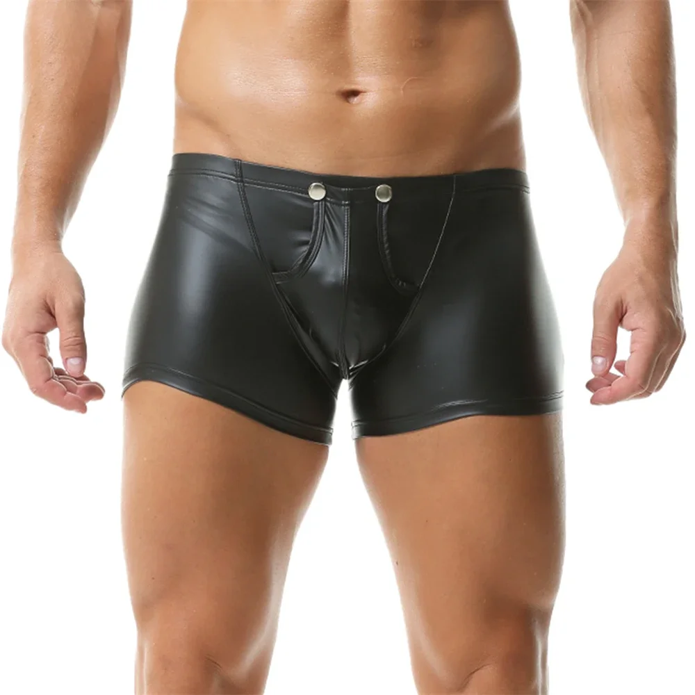 Sexy Men's Faux Leather Boxer Shorts Button-up Open Bulge Pouch Men Boxers Briefs Male Trunks Nightclub Underpants Gay Underwear