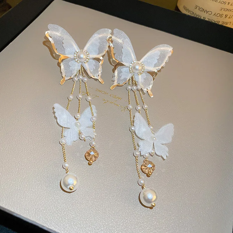 Temperament White Butterfly Drop Earrings Long Tassel Hanging Earrings Women\'s Fashion Imitation Pearl Earrings Jewelry