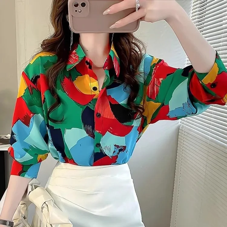 

Spring 2025 New Sle Women's Loose Long Sve Printed Color Blo Chiffon irt Korean Commute Sle Cover Belly Button up