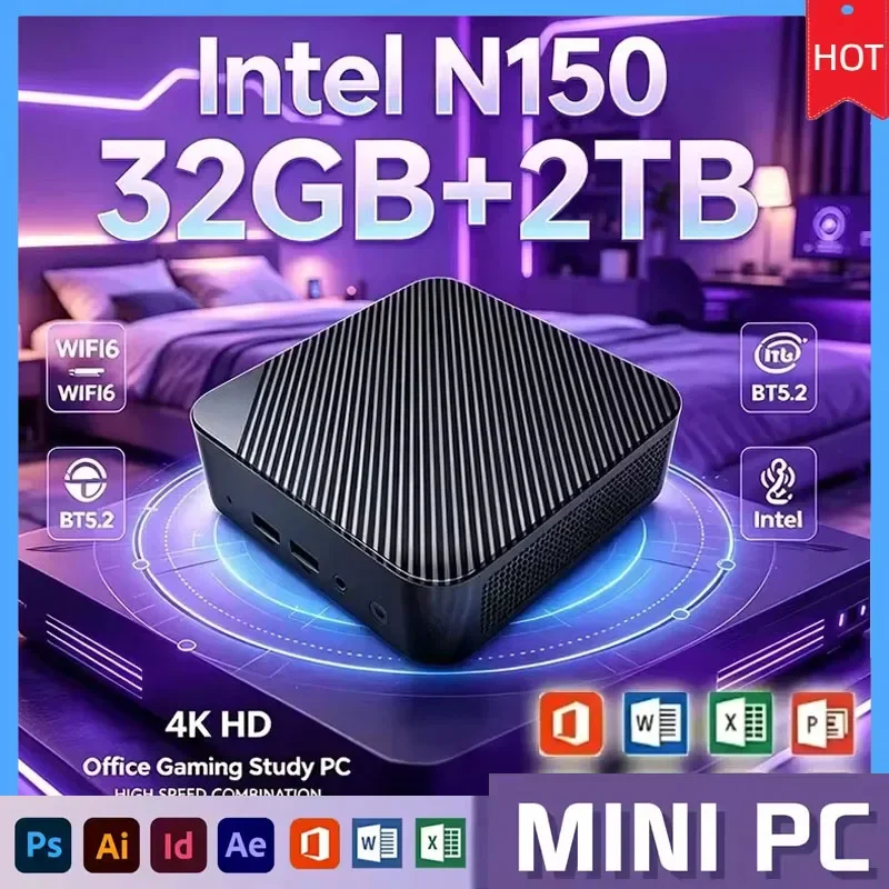 Compact Multifunctional Mini PC Intel N150 32GB Memory Large Storage 4K WiFi6 BT5.2 Home Office Gaming Small Desktop Computer