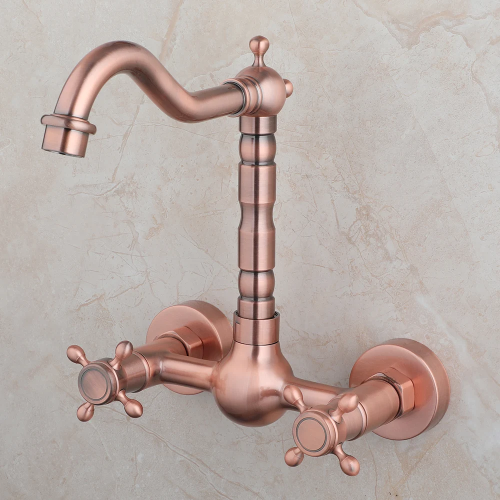 Antique Red Copper Basin Faucet Wall Mounted Kitchen Bathroom Sink Faucet Dual Handle Swivel Spout Hot Cold Water Tap