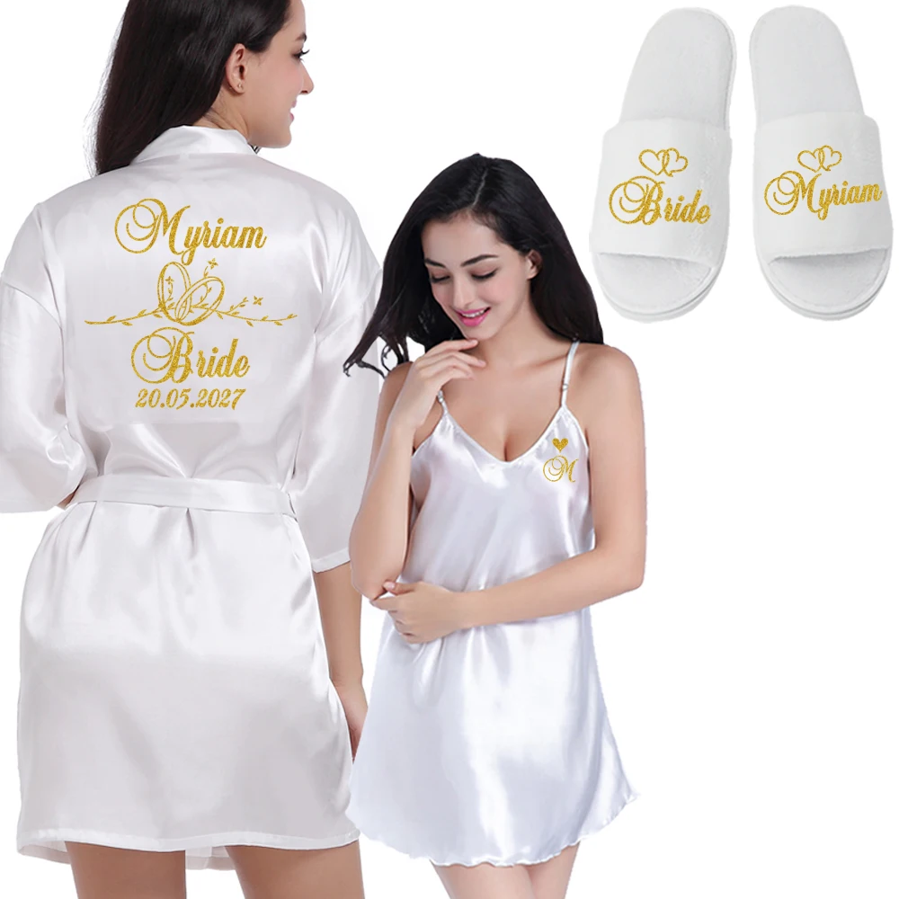 Aangepaste logo bruiloft datum naam badjas kunstzijde bruids gewaad bruid bruidsmeisje bruiloft gewaden vrouw Bachelorette Preparewear