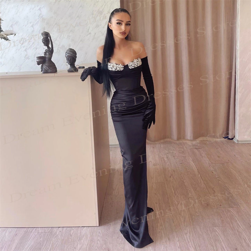 

Elegant Black Mermaid Sexy Fascinating Evening Dresses Graceful Strapless Prom Gowns Beaded Custom For Women New Robe De Soiree