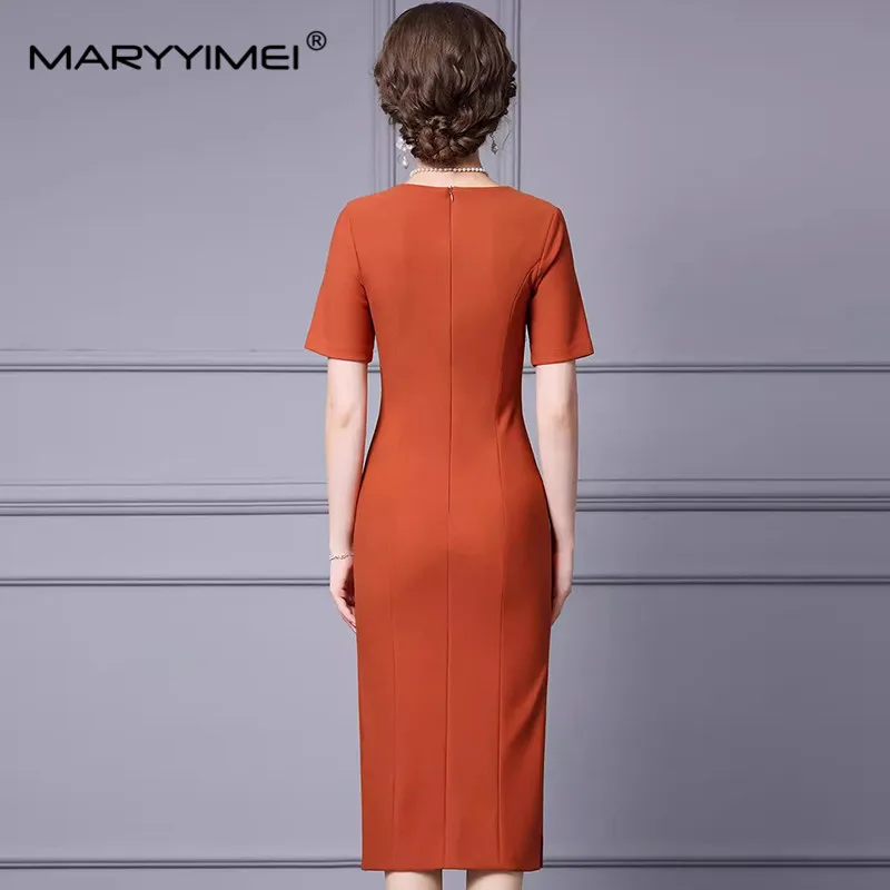 MARYYIMEI Spring Summer Fashion Women\'s Pencil Dress Short Sleeved Beading Sequins Slim-Fit Hip Wrap Commuter Dresses