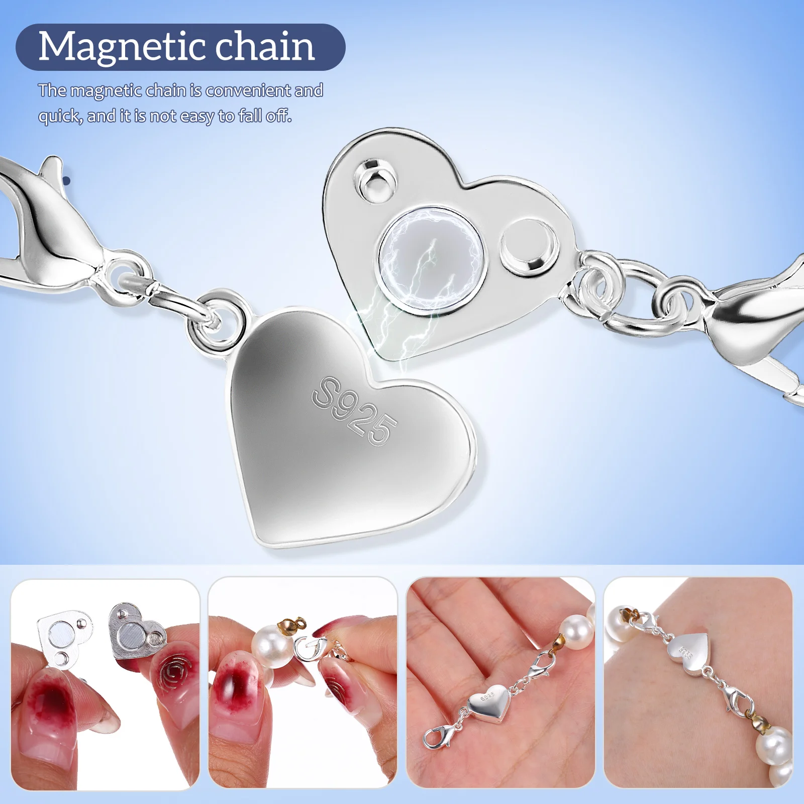 2 Pcs Heart Shaped Magnetic Clasp Chain Jewelry Connector Charm Necklace Buckle Clasps Closures 925 Silver Gold