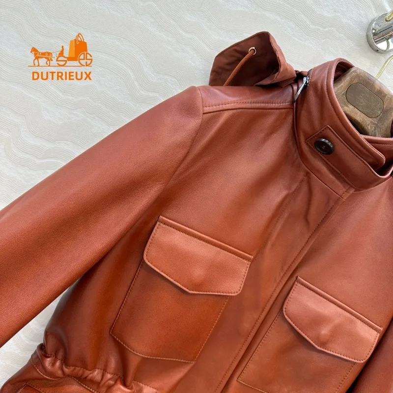 Winter Women's Adjustable Waist Traveler Stand Collar Hooded Leather Jacket, 100% Genuine Sheepskin Versatile and Gorgeous Coat