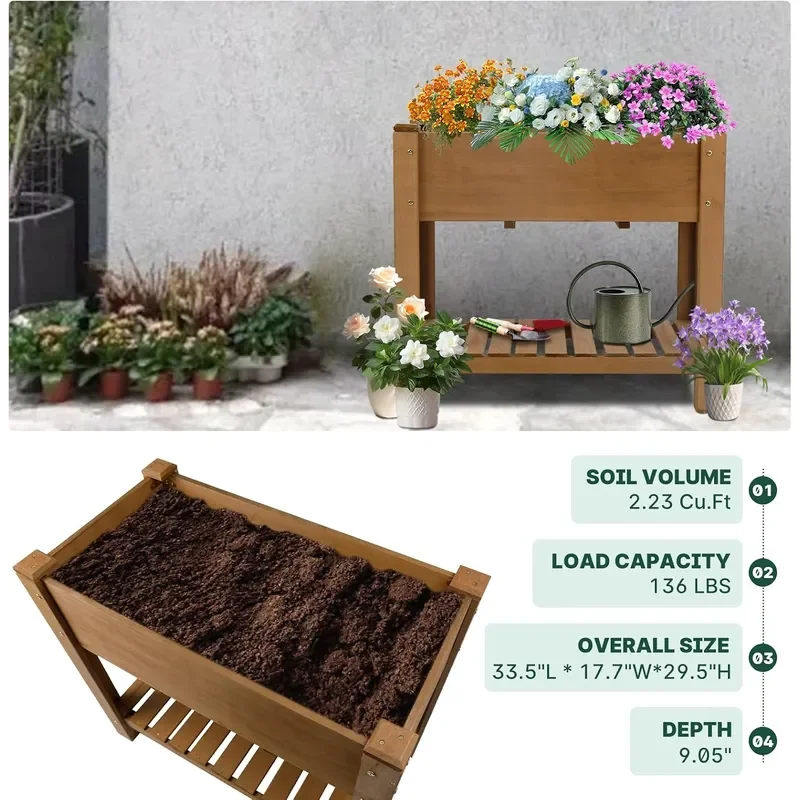Raised Garden Bed Outdoor Wooden Planter Boxes with Legs Protective Liner Drainage Holes Elevated Garden Flower Beds for