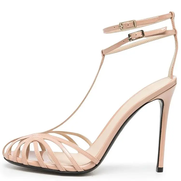 Nude Round Toe T-Strap Heels Ankle Strap Sandals Shoes for Women Hollow Summer Casual Dress Party Shoes Daily Footwear