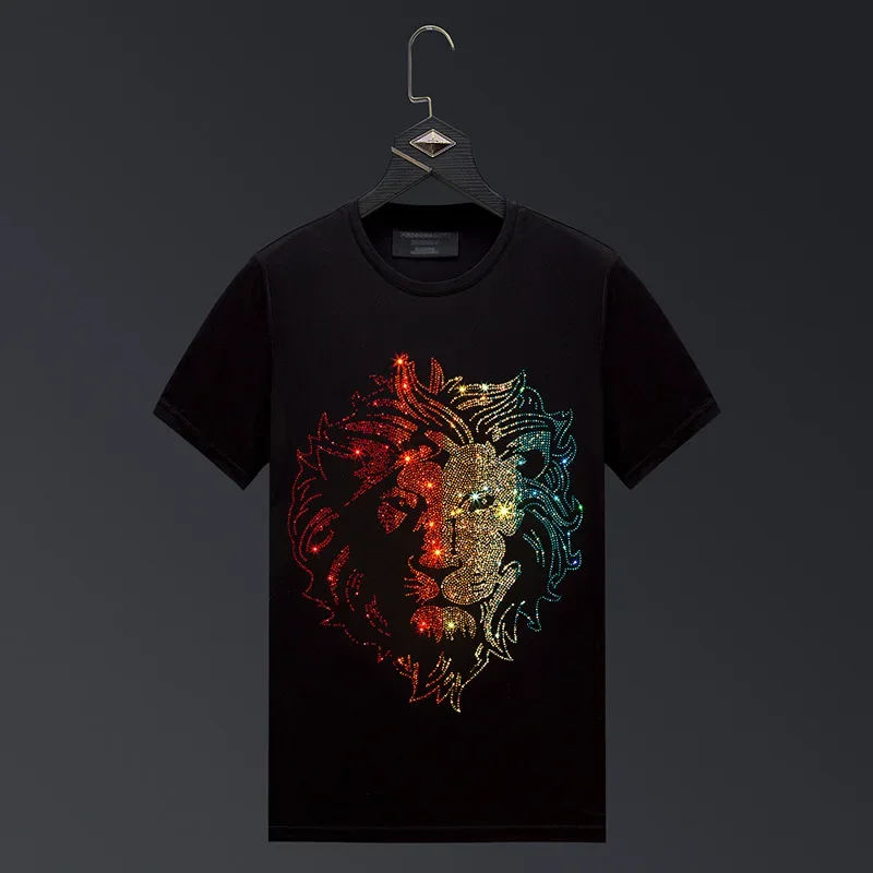 

Colorful Lion Cartoon Rhinestones T Shirts Men Fashion Streetwear O Neck Short Sleeve Slim Tee Shirt Homme Camiseta Masculina