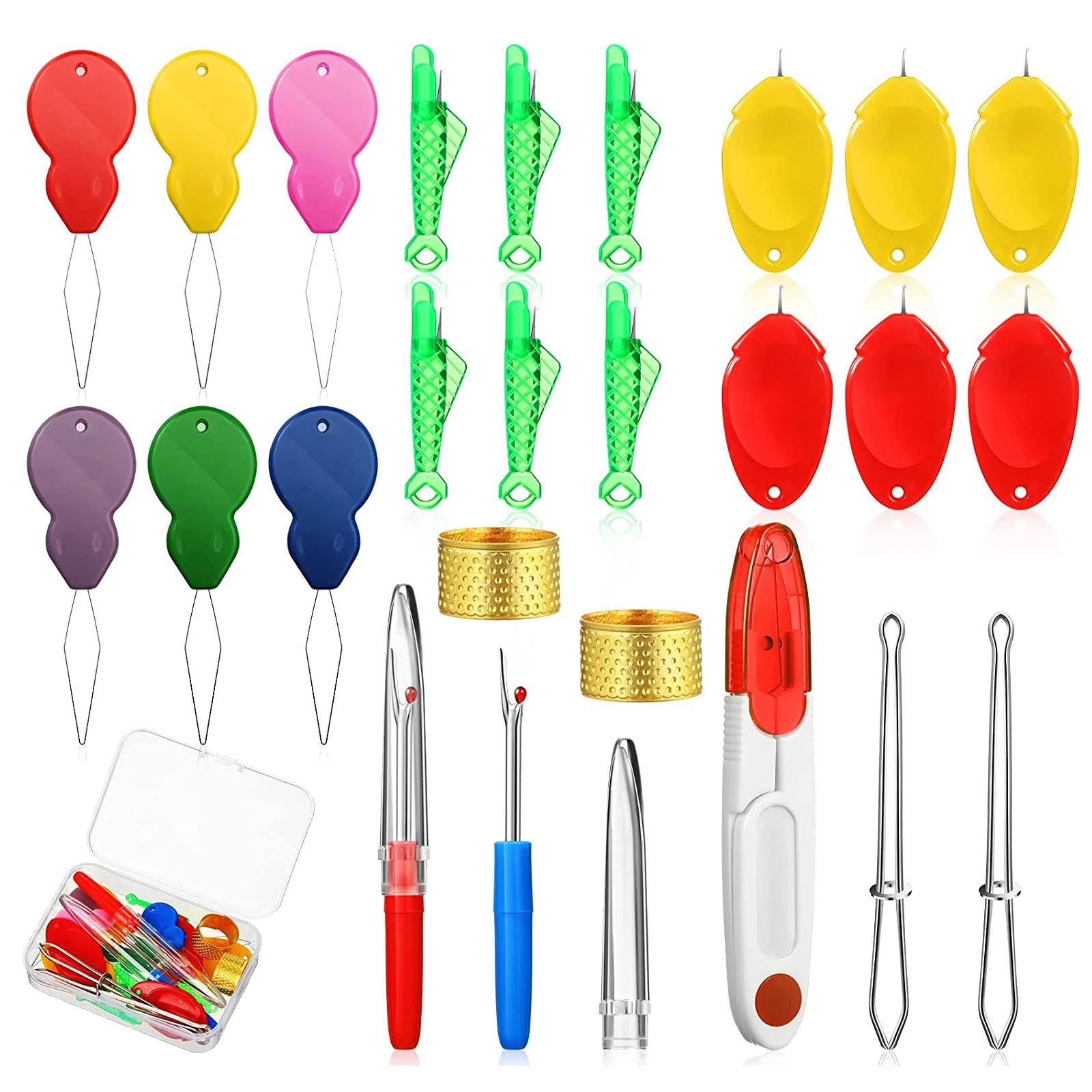 Kit threader agulha para diy, ferramenta para costura, dedal, peixe, peixe, costura, estripador, pinça, dedal com caixa de tesoura, 26 peças
