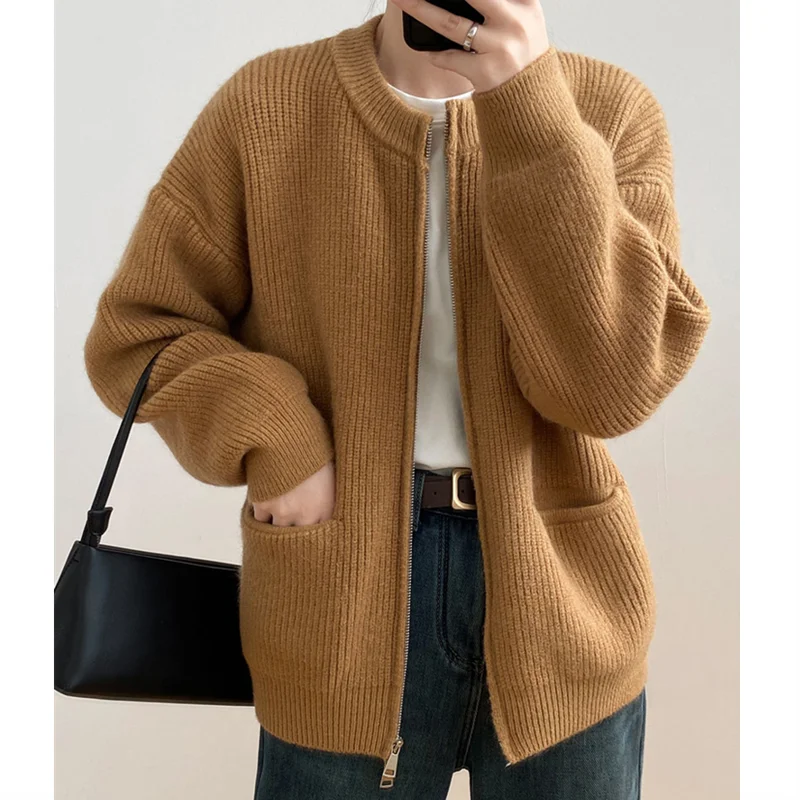 Sweater Cardigan Women Autumn Double Zipper Casual Korean Knitwear Coat Solid Color Loose Soft Long Sleeve Jackets Outerwear