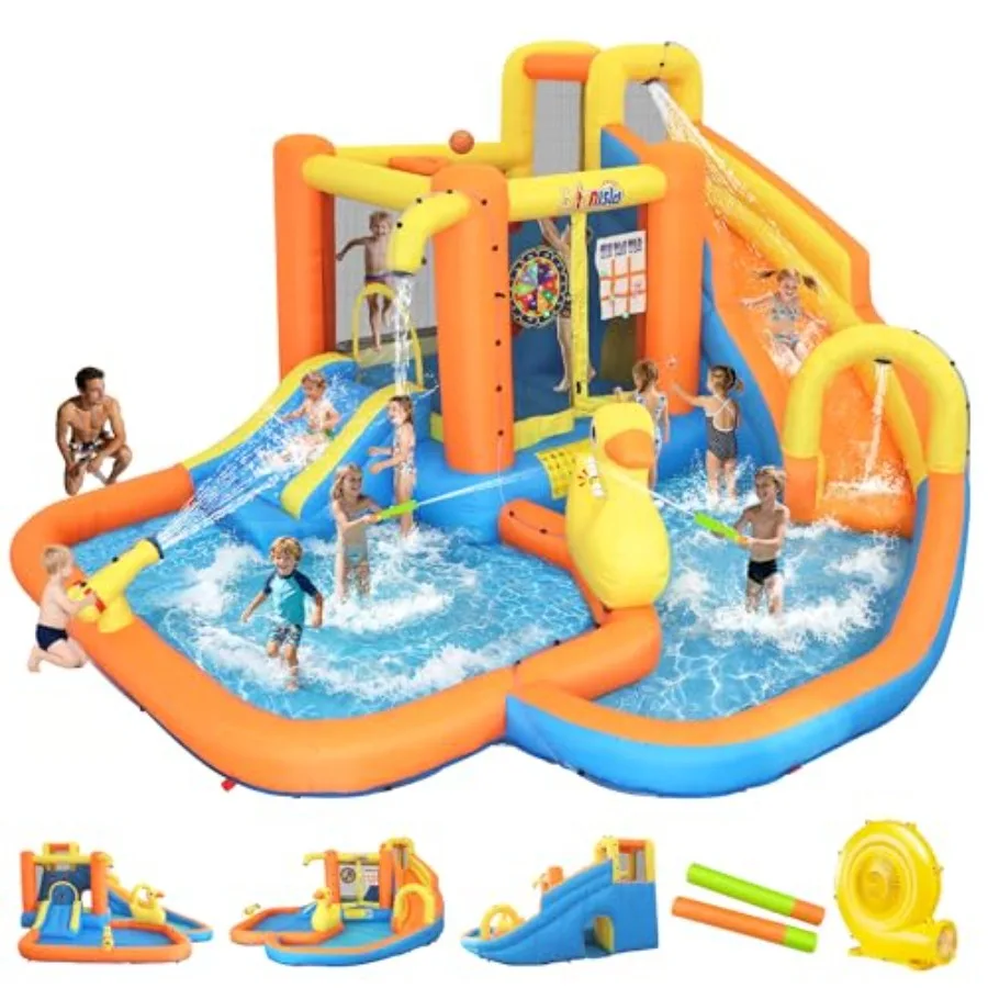 Backyard inflatable water park for kids 3-10yr: PVC blue/red 12-in-1 large slide with dual slides splash pools climbing wall tu