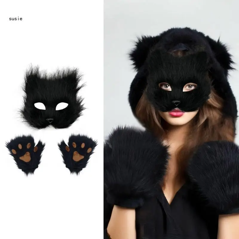 Cats Foxes Mask and Paws Gloves Set Furry Therians Mask Animal Cosplay Costume X7YA