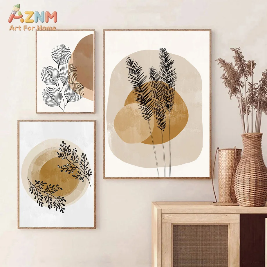 AZNm Boho Abstract Botanical Canvas Wall Art, Frameless Neutral Tone Monstera Leaf Vase Geometric Print for Living Room Bedroom
