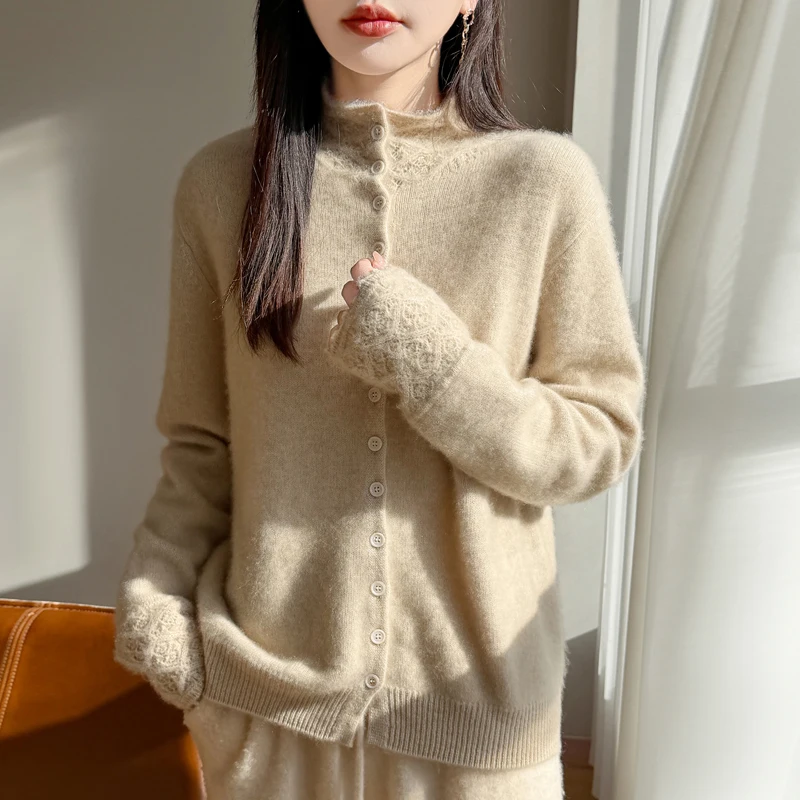 

Women's Cardigan, Soft And Skin Friendly Wool Sweater Jacket, Spring Autumn Half High Neck Crochet Cardigan, Fashionable Jackets