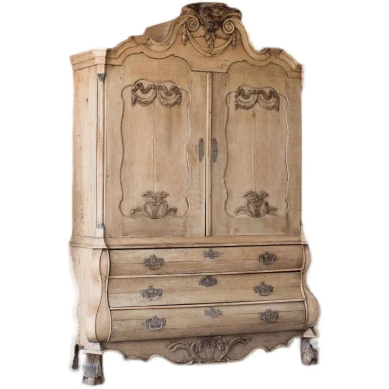 

American country furniture, French retro solid wood carving flower wardrobe, antique and old decorative