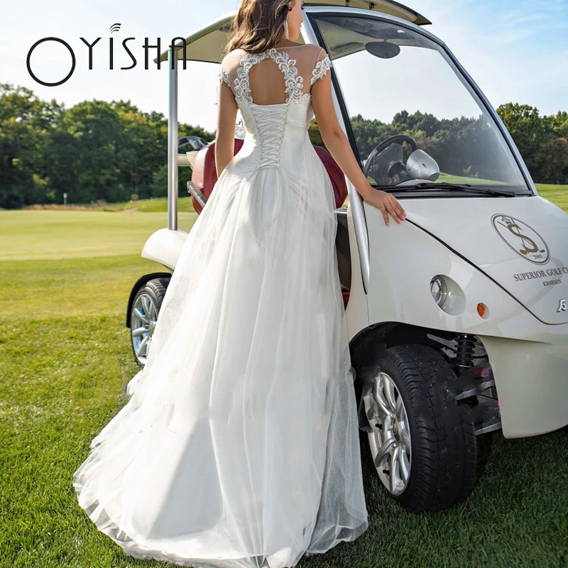 OYISHA Vintage O-Neck Appliques Wedding Dresses Cap Sleeves Pleated Bridal Gowns Elegant A-Line Beach vestido de noiva For Women