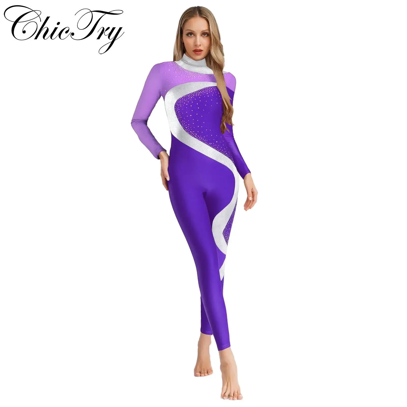 

Womens Ballet Gymnastics Dance Full Bodysuit Unitard Long Sleeve Back Hollow Out One Piece Jumpsuit Figure Ice Skating Rompers