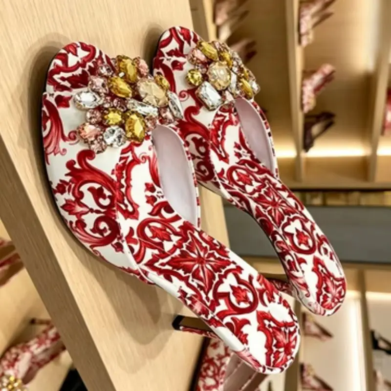 Blue and White Porcelain Print Mules Shoes Rhinestone Bow Decor Peep Toe High Heeled Slippers Slip On Women Sandals Shoes