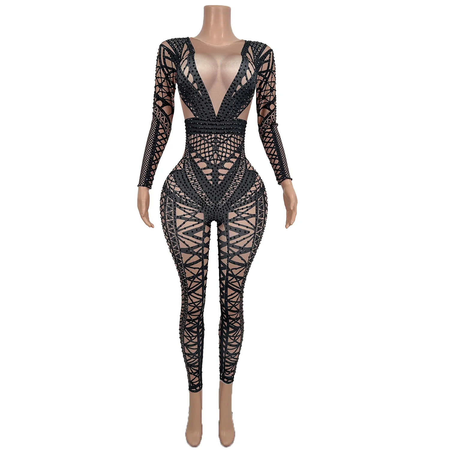 Elastics Performance Celebration Diamonds Jumpsuit Pole Dance Fashion Costume Black Nightclub Party Women Stage Costume Sanjiao