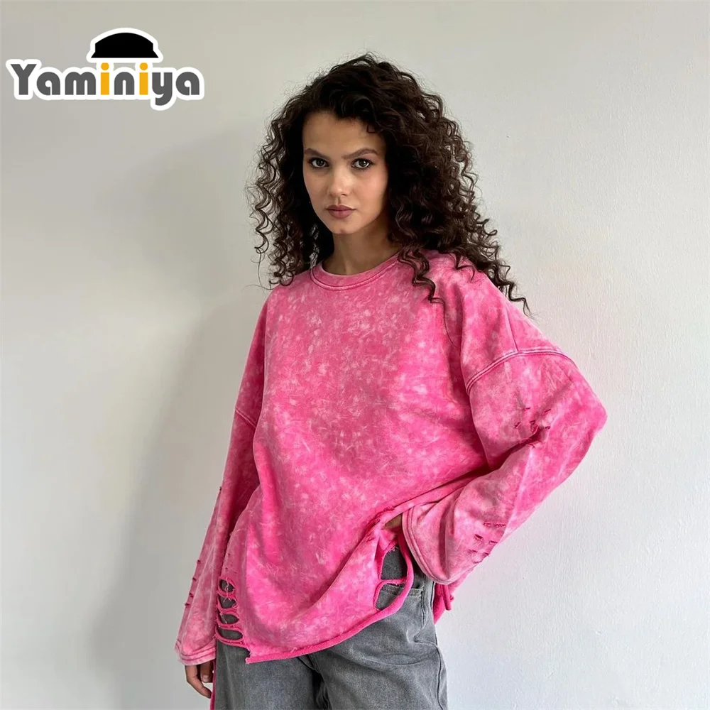 Yaminiya Autumn American Street Sense Retro Ragged Pure Cotton Women's Sweatshirt O-Neck Pullovers Tie-Dye Clothing Long Sleeve