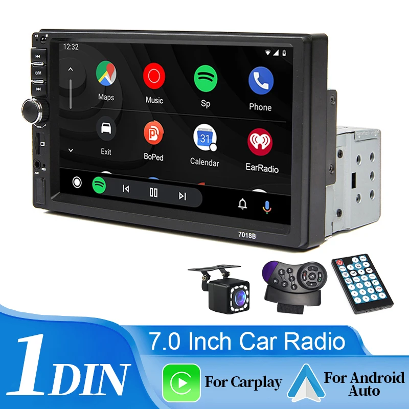 Hippcron 7 "자동차 라디오 1 Din 멀티미디어 플레이어 지원 Carplay 안드로이드 자동 HD 터치 스크린 FM AUX 입력 BT 미러 링크 TF 카드