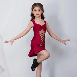 Lain Dance Dress Kids Dancer Performance Outfit ChaCha Rumba Competition Suit Latin Practice Clothes Sleeveless Dress Ruffle Hem