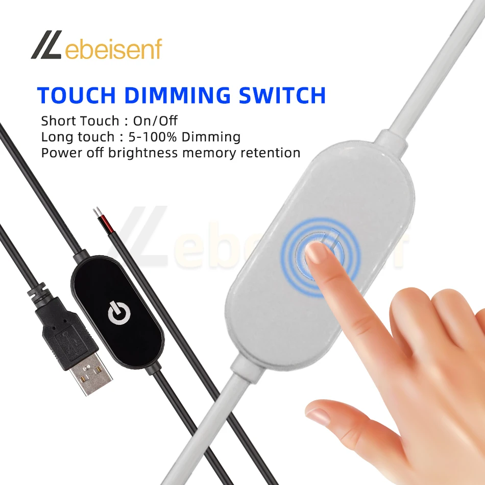 2A 5V USB Touch Dimming Switch Cable 1.5M USB 2.0A to 2 Wire Output 5-100% Dimmer Controller for Single Channel LED Strip Lights