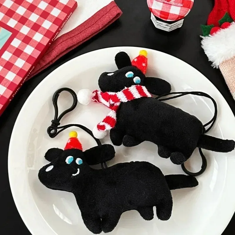 Mochila encantos cão preto chaveiro bonito estilo coreano pelúcia boneca com cachecol dos desenhos animados natal filhote de cachorro pingente presentes llaveros