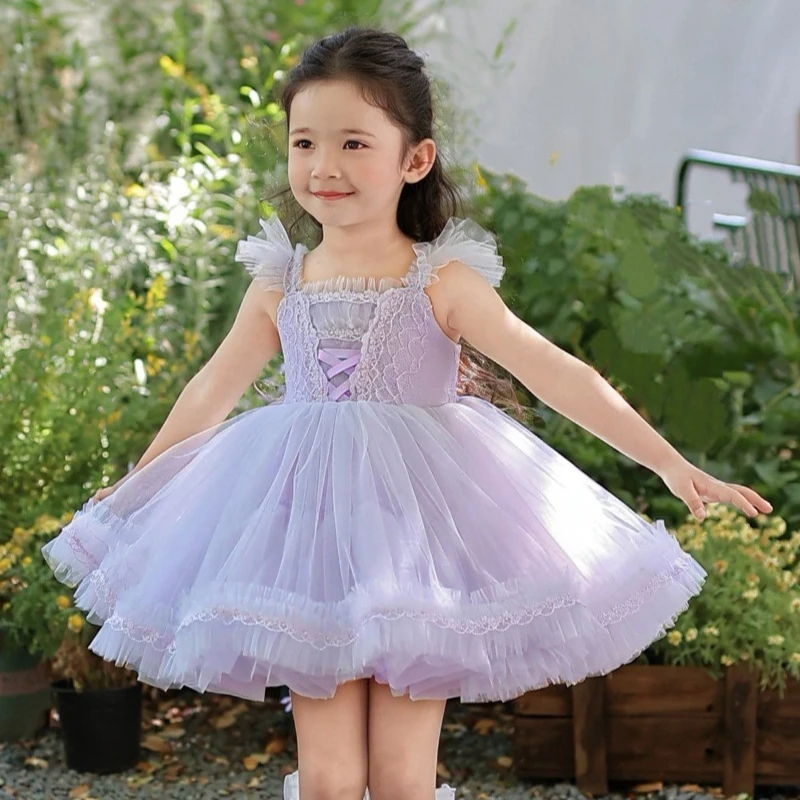 Children Princess Tutu Dress Ruffle Tulle Shoulder Strap Layered Mesh Skirt Fairy Kids Birthday Wedding Photoshoot Party Outfit