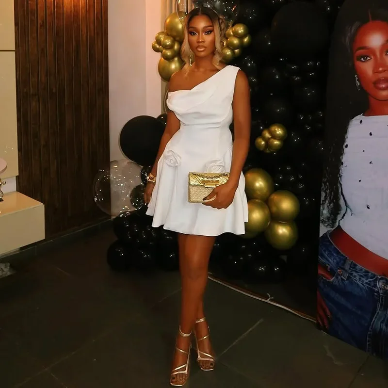 

Женское элегантное однотонное мини-платье трапециевидной формы с 3D цветами, сексуальное плиссированное платье без рукавов с наклоном плеча, клубная одежда на день рождения