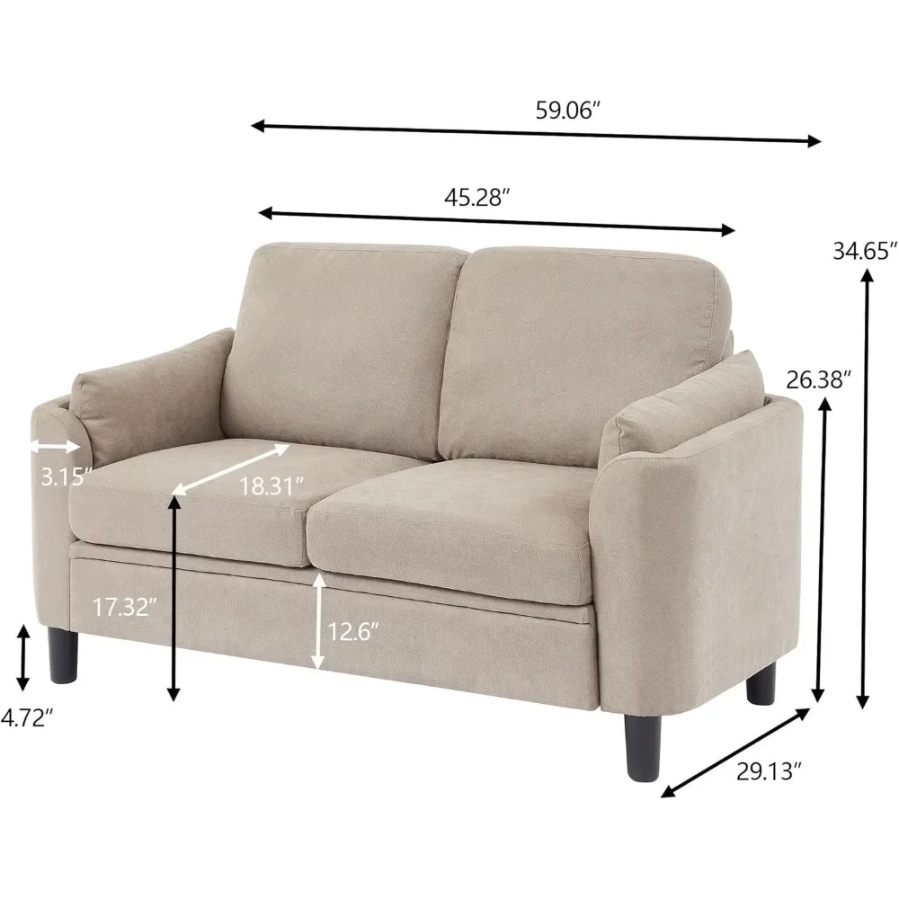 أريكة صغيرة بمقعدين لغرفة المعيشة، أريكة صغيرة بمقعدين مقاس 60 بوصة، مقعد حب حديث لمنتصف القرن مع وسائد خلفية وأرجل خشبية #6