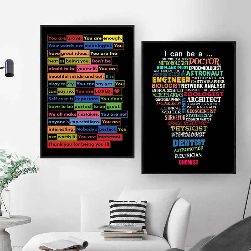 Light Bulb Shape Inspirational Quotes Canvas Art Poster Prints Colorful Motivational Words Wall Decorative Picture for Home