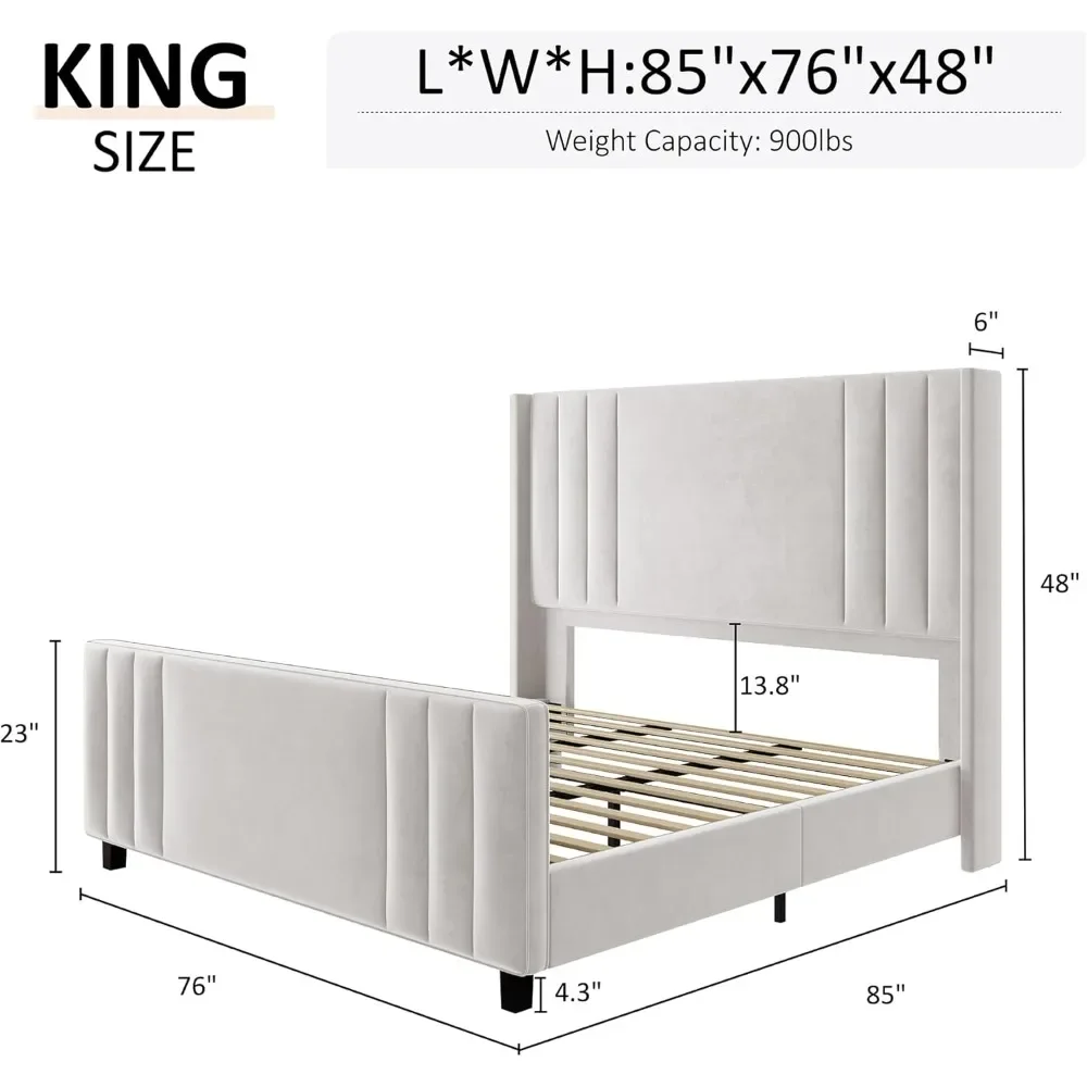 Velvet Upholstered Platform Bed with Vertical Channel Tufted Headboard & Footboard/Wingback, Mattress Foundation with Wood Slats