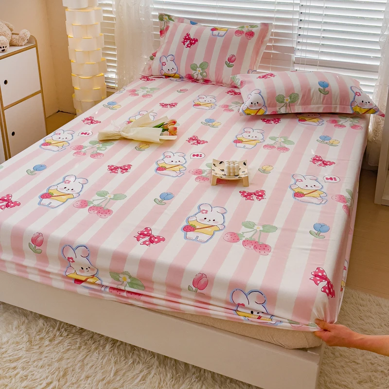 Cute Rabbit Strawberry Fitted Sheets Set, Pink Striped Kids Bed Sheets, Animals Style Printing Bedding Soft Mattress Protector