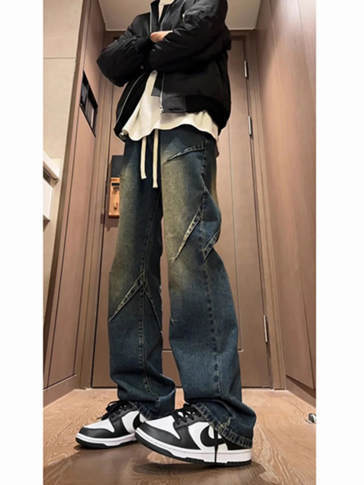 

Retro American Workwear Blue Denim Men's Trendy Hiphop High Waist Wide Leg Pants Design Sensation Straight Cut Trousers