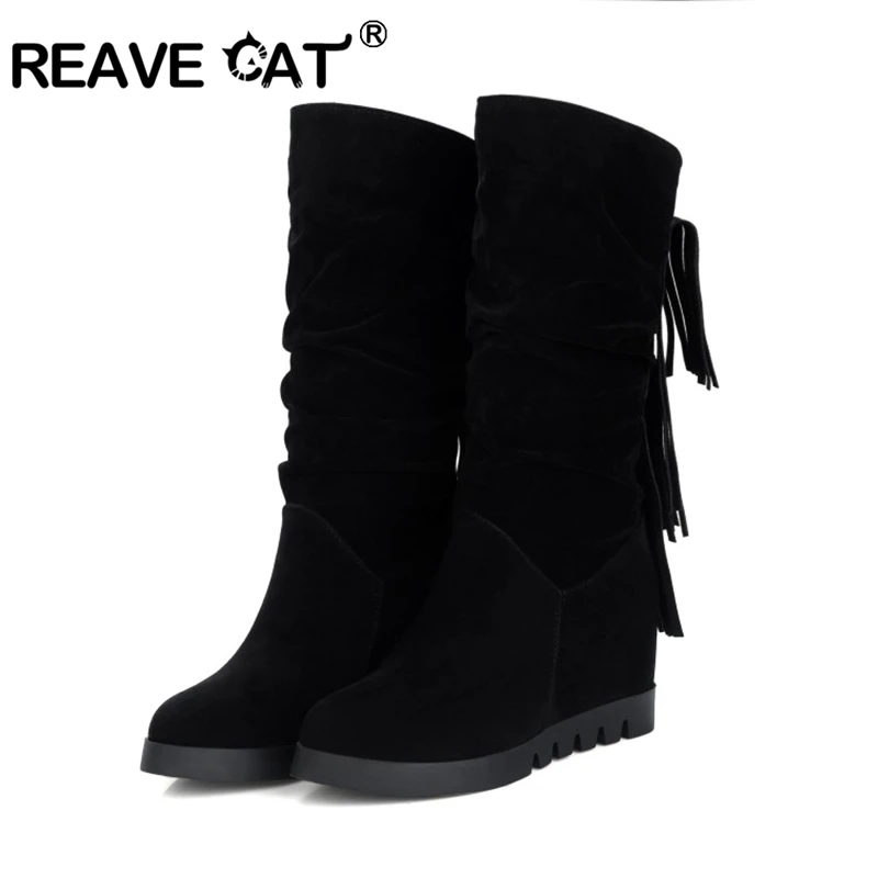 REAVE CAT Women Knee boots Slouchy Increasing heel Wedge Platform Flock Tassels Round toe Slip on Spring Autumn big size 43  12