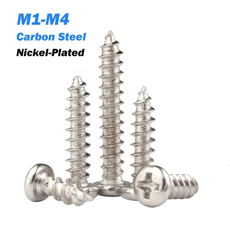 Nickel-Plated Carbon Steel M1-M4 Cross Recessed Round Head Self-Tapping Screw Phillips Pan Round Head Wood Screw Pointed-Tail