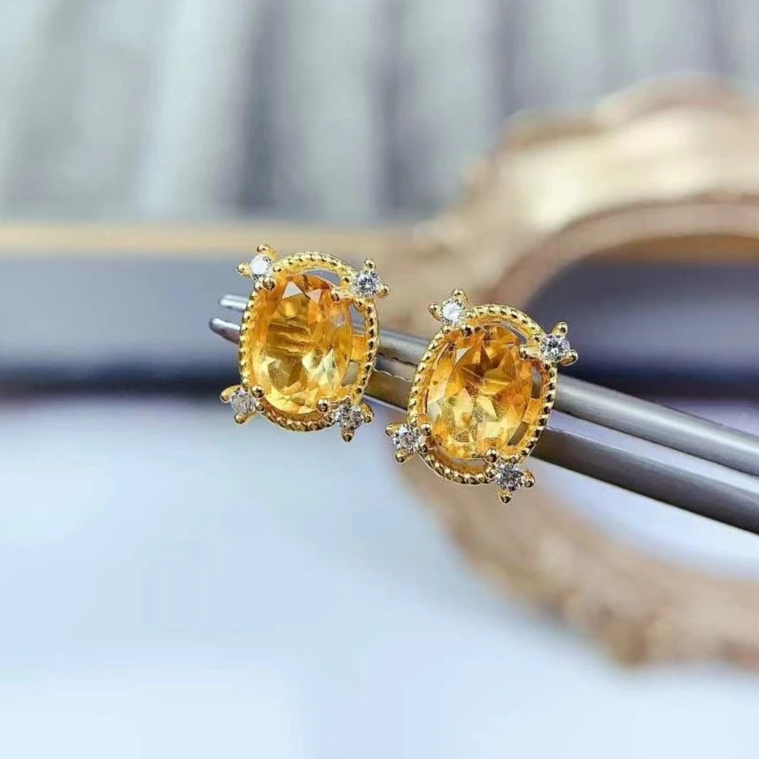 

Серьги-гвоздики с натуральным цитрином, ювелирные изделия из серебра 925 пробы с кристаллами и позолотой 18 карат, серьги из натурального цитрина 5 мм * 7 мм