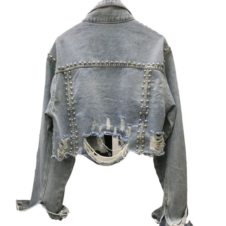 Rhinestone Beaded Tassels Rivets Denim Jacket Short Crystal Fringed Backless Jeans Coat Diamonds Cowboy Cardigan Sequins Tops
