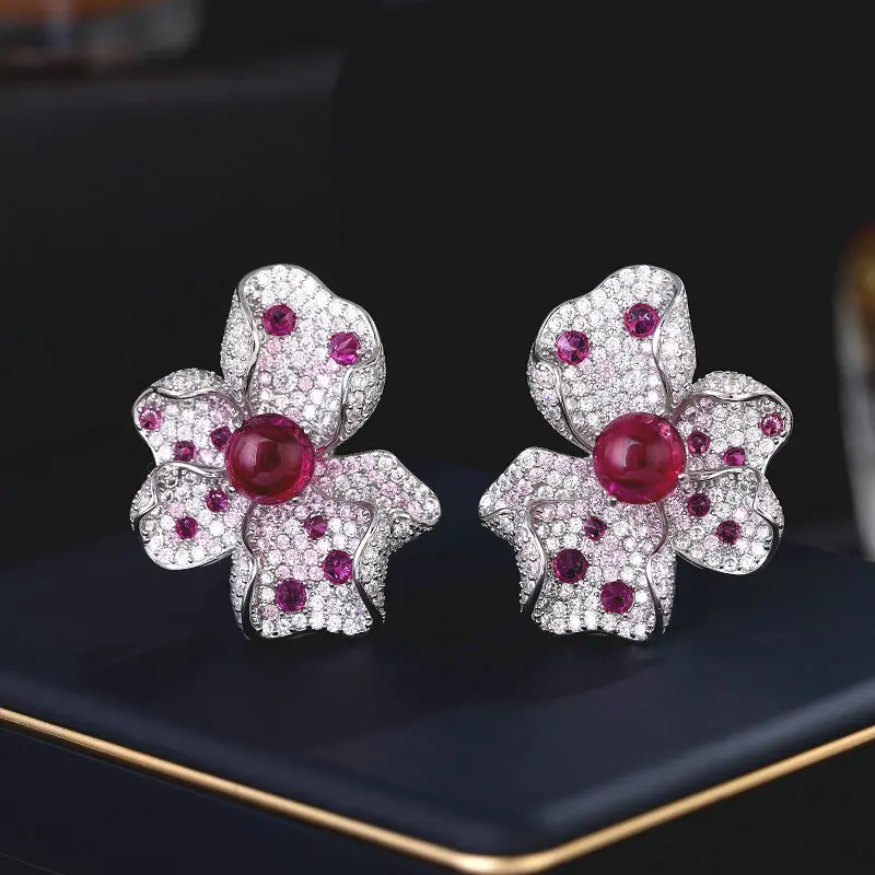 Palace Style Light Luxury High-End Earrings, Female Ruby Heavy Industry Anti Loss Buckle Earrings, Three-Dimensional Flower Earr