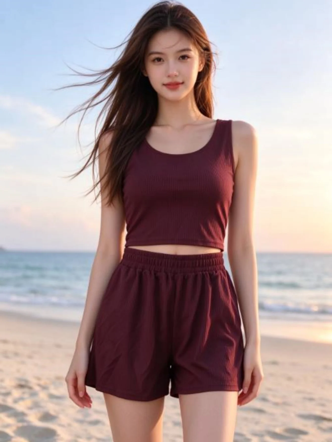 Women's Solid Ribbed Sleeveless Cropped Tank Top & Shorts Set, Slim Fit Casual Two Piece Outfit