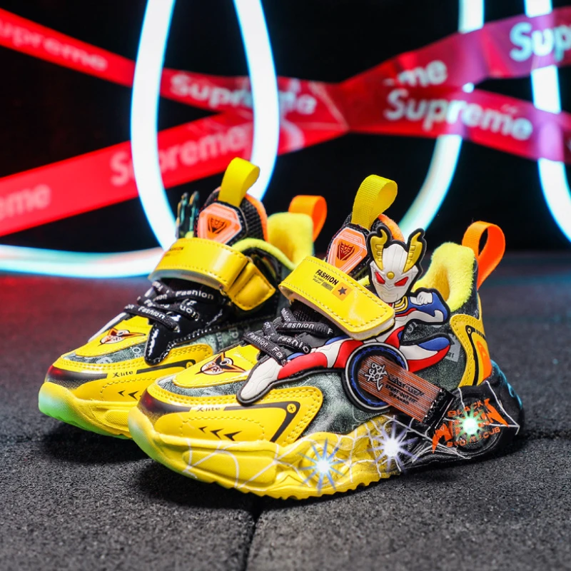 Rotating Button Boy Shoes Sports Running Shoes Kid Sneakers Led Lighting Casual Trainers New Breathable Children Toddler Shoes