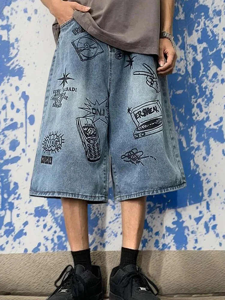 Summer Men Bodybuilding Embroidered Shorts Jeans Male Wide Leg Knee Length Retro Denim Pants Loose Graffiti Drawstring Pants