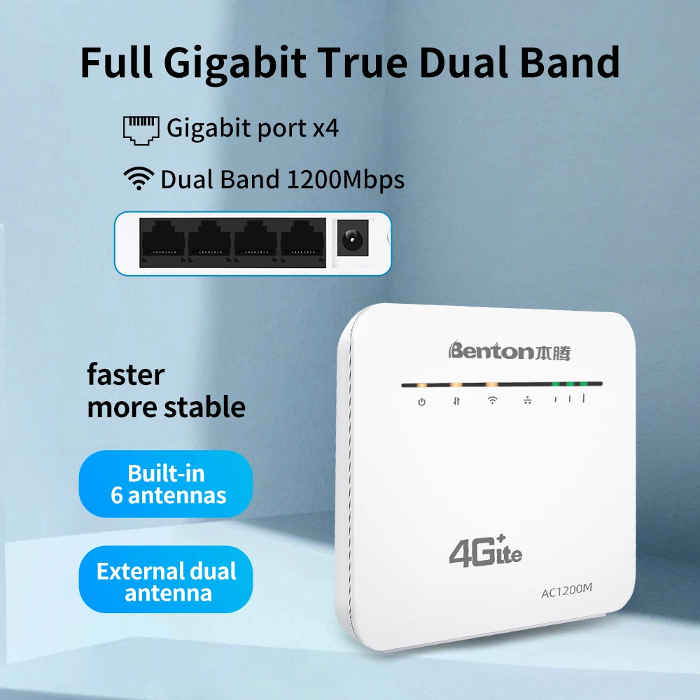 Benton Unlock Wireless 5G Router CPE Cat 6  Wifi Repeater AC1200 Modem 4G+ 1200Mmbps Gigabit Lan Gain Antennas Port SIM card