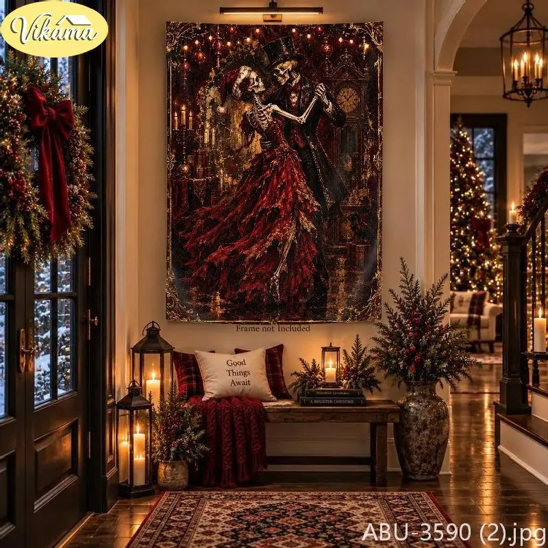 VIKAMA Gothic Christmas Skeleton Dancer Tapestry Full Moon Castle Background Cloth Living Room Party Wall Room Decoration